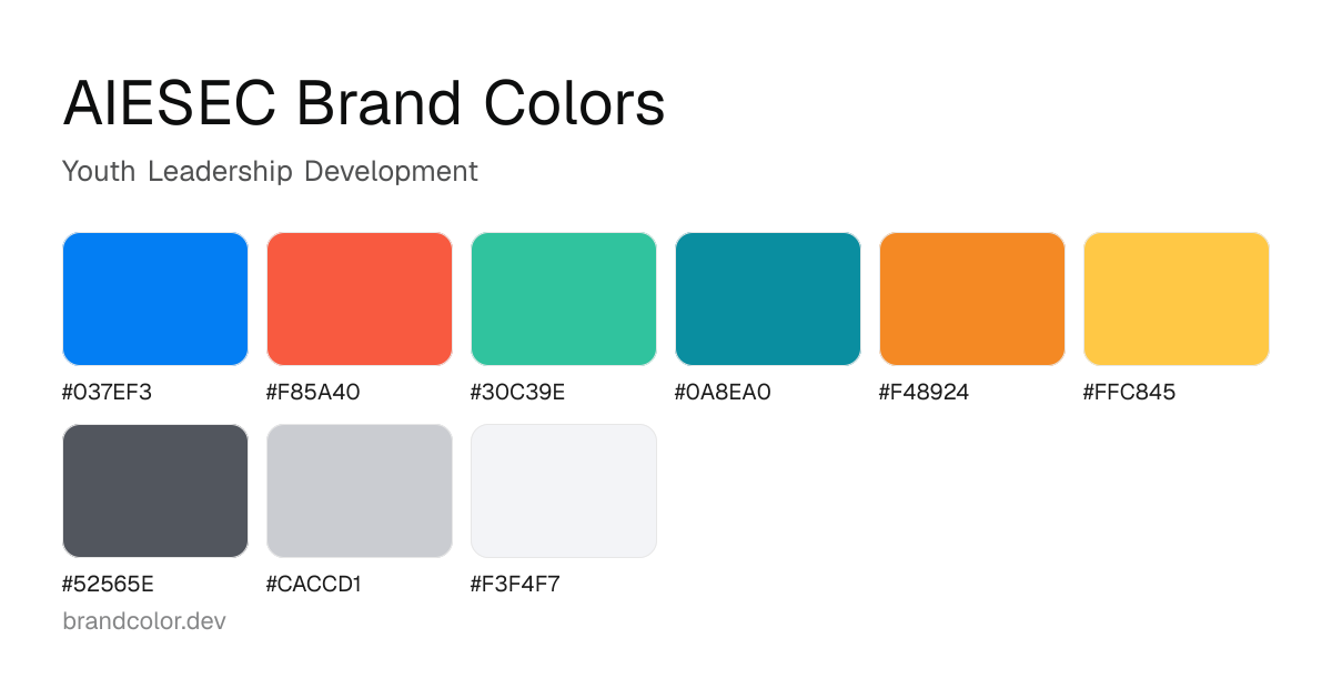 AIESEC brand color palette with hex codes: #037EF3, #F85A40, #30C39E, #0A8EA0, #F48924, #FFC845, #52565E, #CACCD1, #F3F4F7