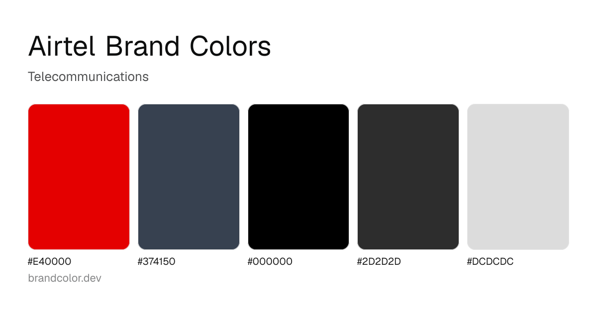 Airtel brand color palette with hex codes: #E40000, #374150, #000000, #2D2D2D, #DCDCDC
