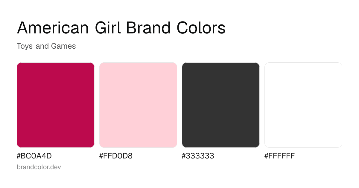 American Girl brand color palette with hex codes: #BC0A4D, #FFD0D8, #333333, #FFFFFF