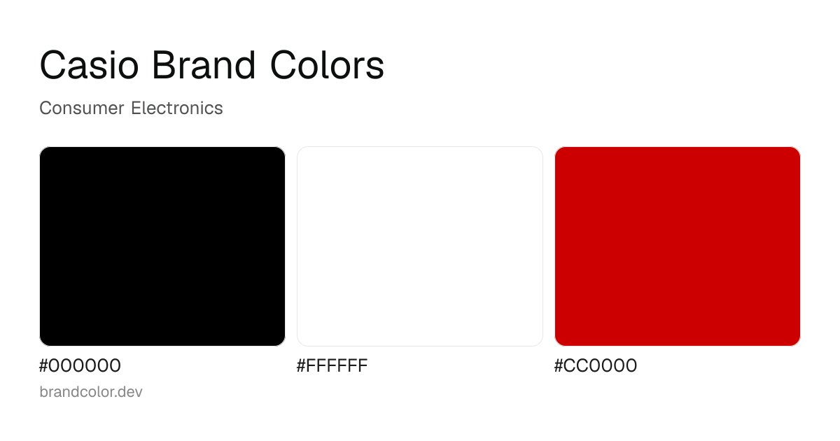 Casio brand color palette with hex codes: #000000, #FFFFFF, #CC0000