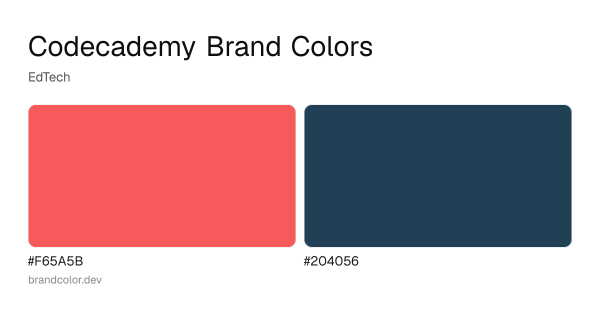 Codecademy brand color palette with hex codes: #F65A5B, #204056