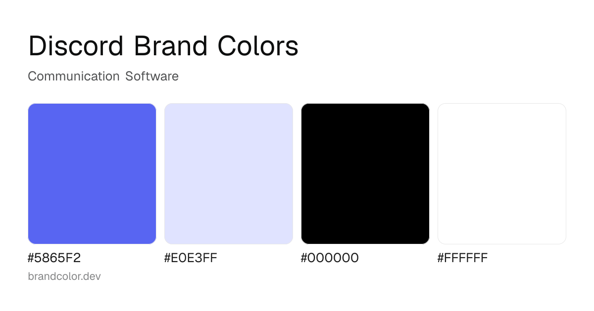 Discord brand color palette with hex codes: #5865F2, #E0E3FF, #000000, #FFFFFF