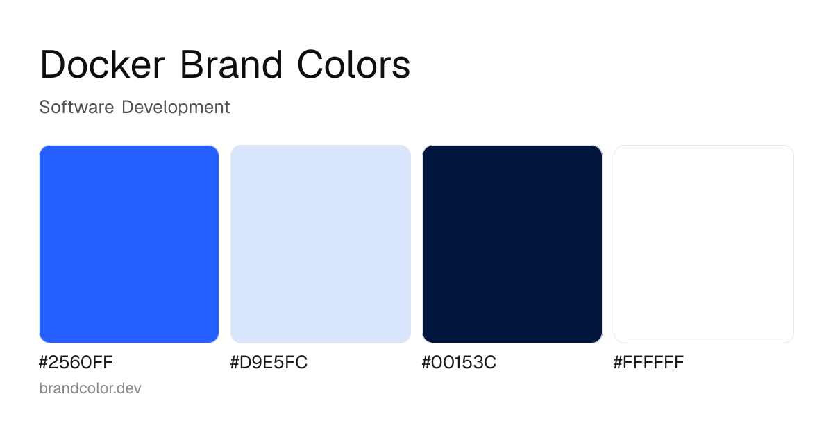 Docker brand color palette with hex codes: #2560FF, #D9E5FC, #00153C, #FFFFFF