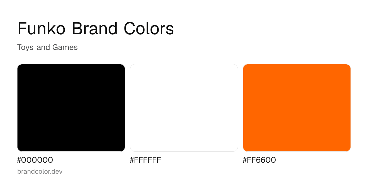 Funko brand color palette with hex codes: #000000, #FFFFFF, #FF6600