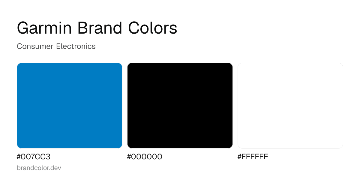 Garmin brand color palette with hex codes: #007CC3, #000000, #FFFFFF