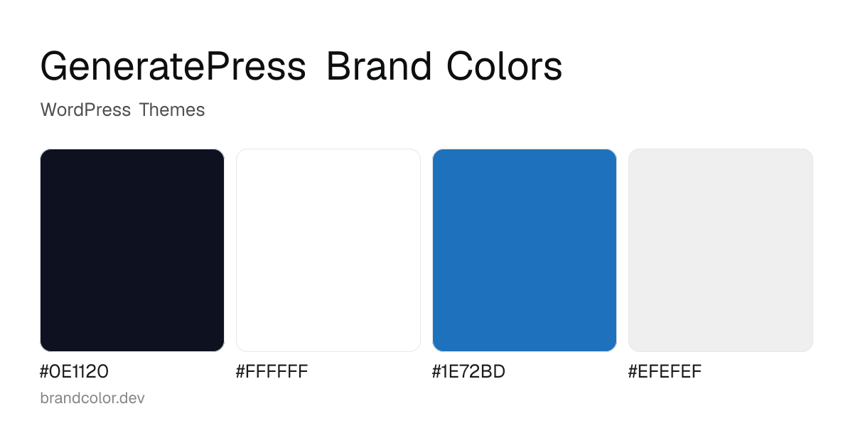 GeneratePress brand color palette with hex codes: #0E1120, #FFFFFF, #1E72BD, #EFEFEF