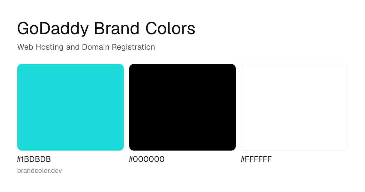 GoDaddy brand color palette with hex codes: #1BDBDB, #000000, #FFFFFF