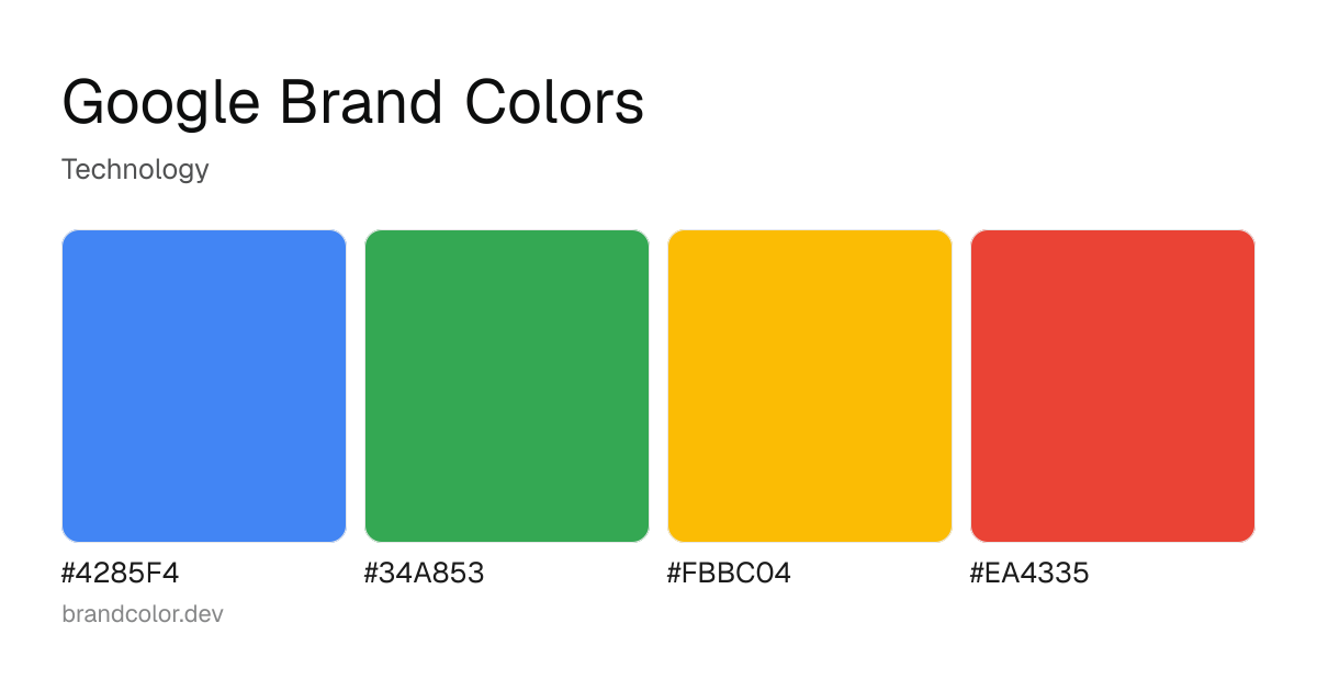 Google brand color palette with hex codes: #4285F4, #34A853, #FBBC04, #EA4335