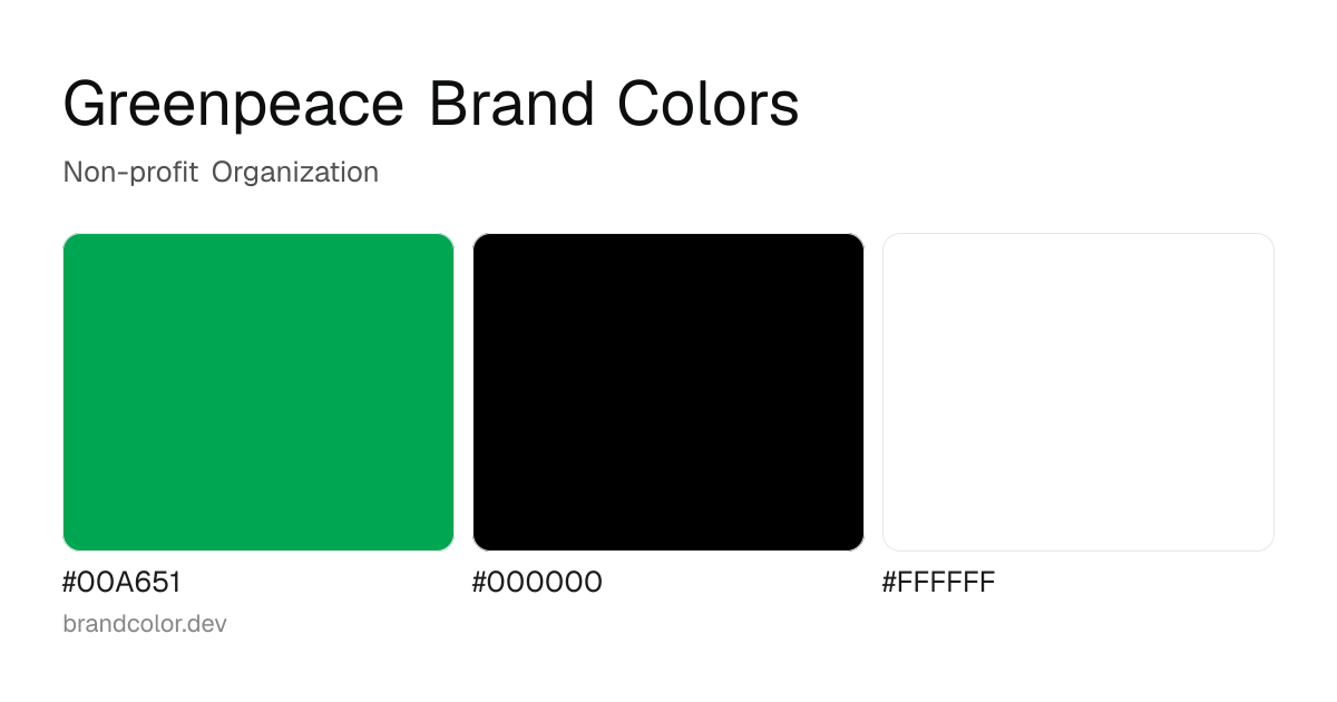 Greenpeace brand color palette with hex codes: #00A651, #000000, #FFFFFF