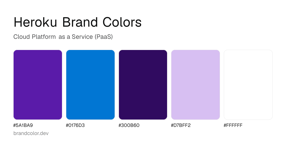 Heroku brand color palette with hex codes: #5A1BA9, #0176D3, #300B60, #D7BFF2, #FFFFFF
