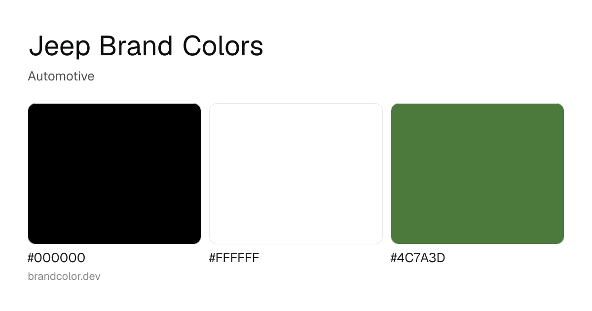 Jeep brand color palette with hex codes: #000000, #FFFFFF, #4C7A3D