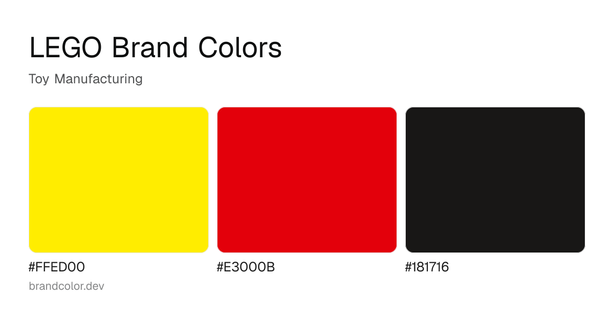 LEGO brand color palette with hex codes: #FFED00, #E3000B, #181716
