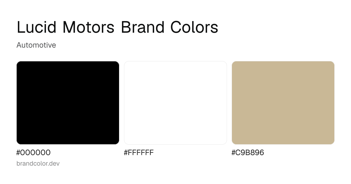 Lucid Motors brand color palette with hex codes: #000000, #FFFFFF, #C9B896
