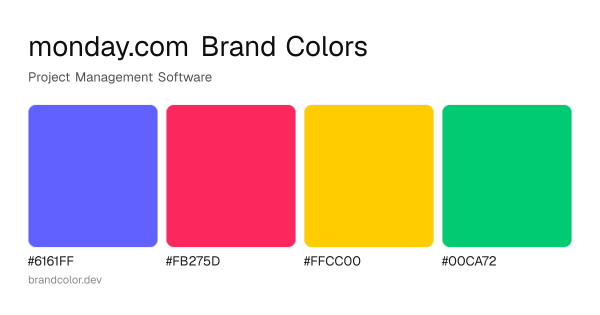 monday.com brand color palette with hex codes: #6161FF, #FB275D, #FFCC00, #00CA72