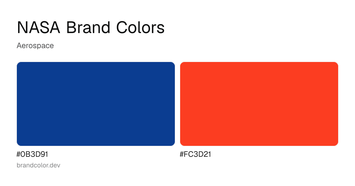 NASA brand color palette with hex codes: #0B3D91, #FC3D21