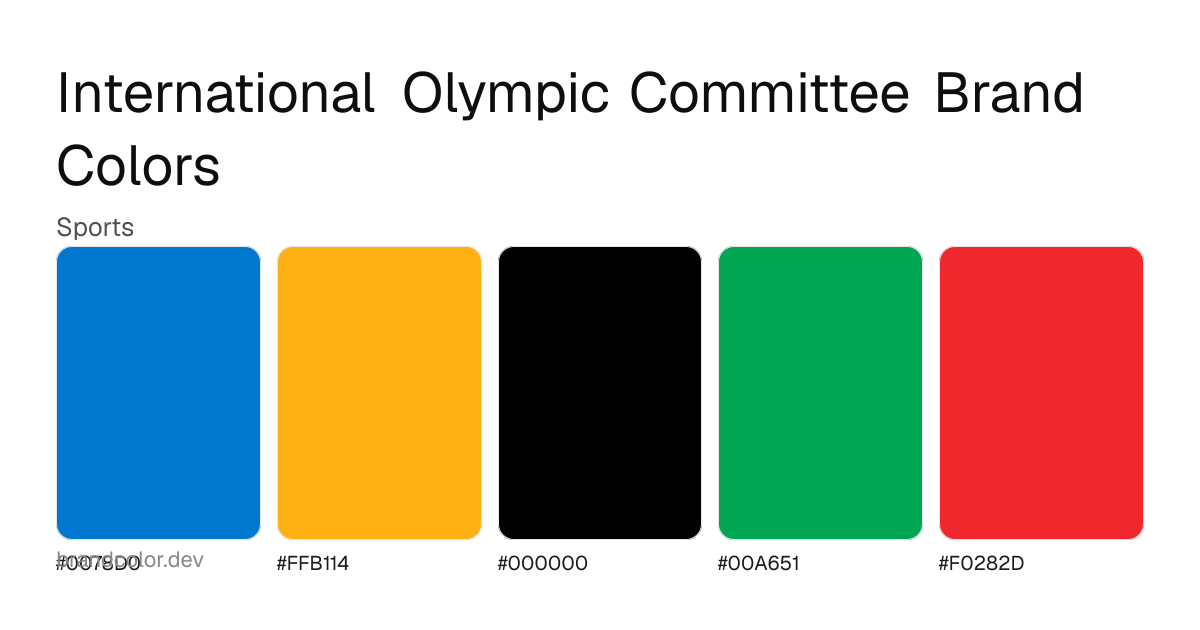 International Olympic Committee brand color palette with hex codes: #0078D0, #FFB114, #000000, #00A651, #F0282D