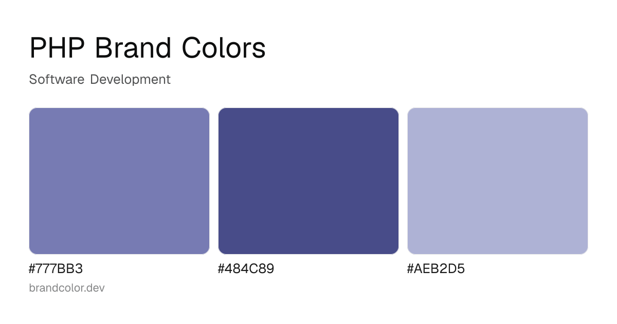 PHP brand color palette with hex codes: #777BB3, #484C89, #AEB2D5