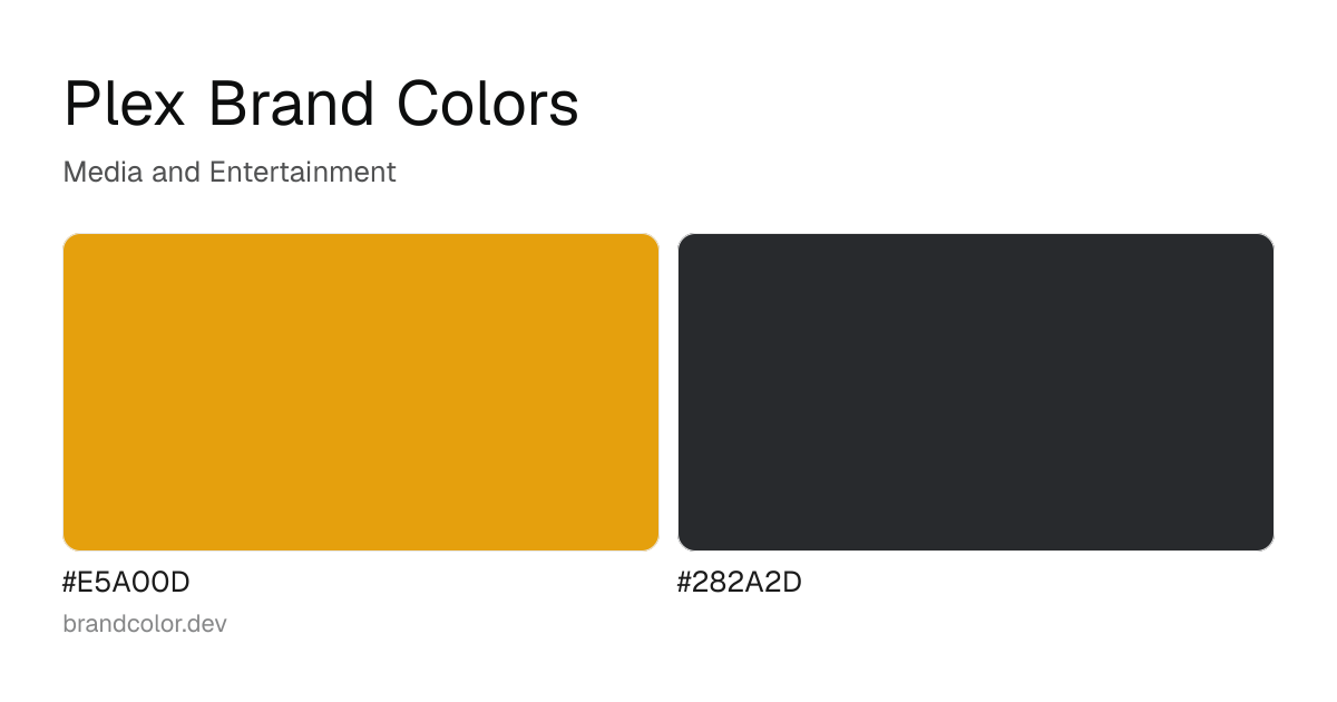Plex brand color palette with hex codes: #E5A00D, #282A2D