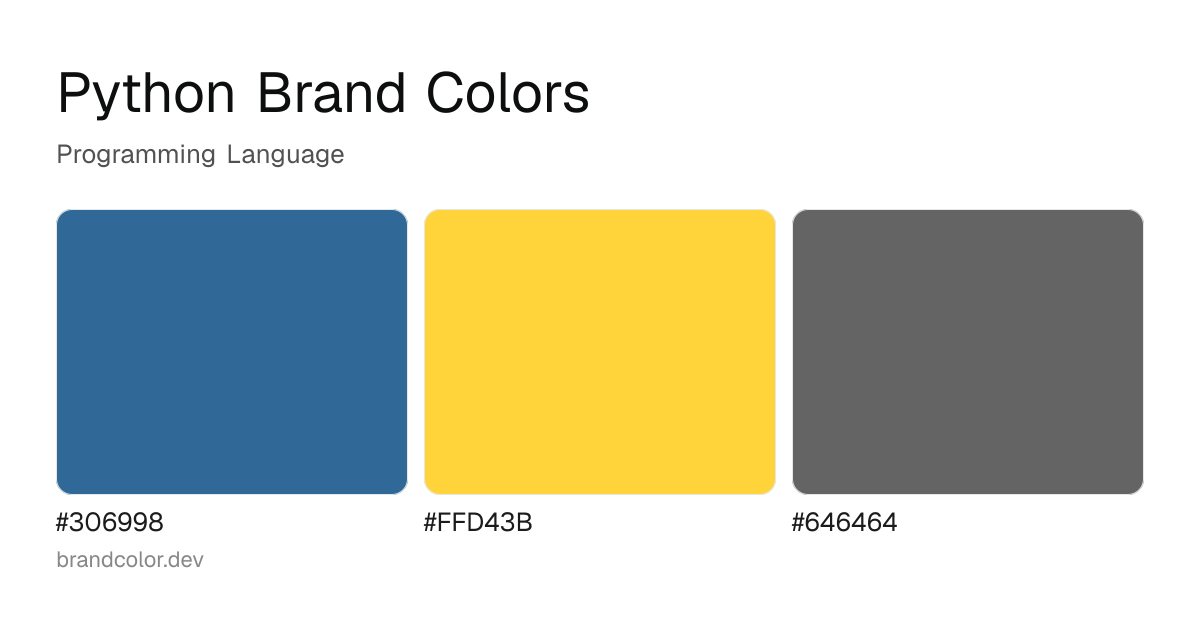 Python brand color palette with hex codes: #306998, #FFD43B, #646464