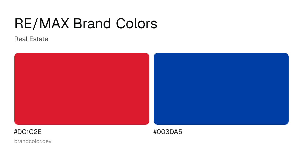 RE/MAX brand color palette with hex codes: #DC1C2E, #003DA5