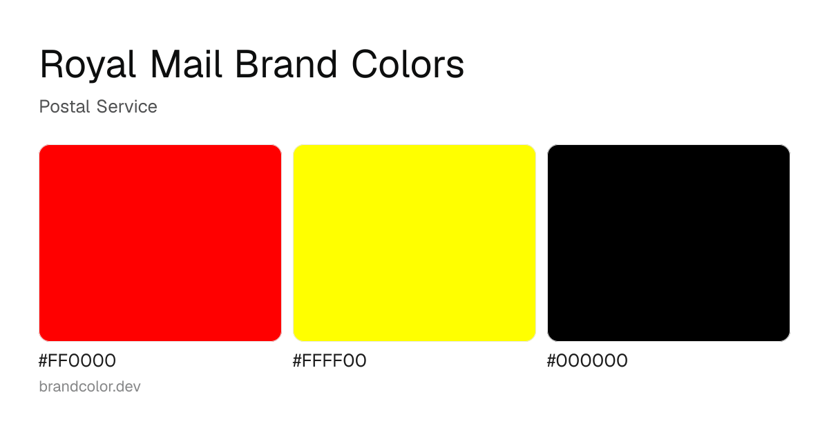 Royal Mail brand color palette with hex codes: #FF0000, #FFFF00, #000000