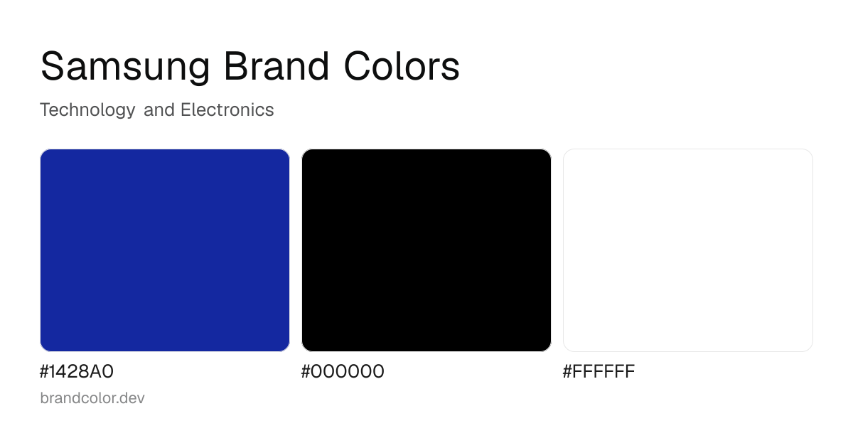 Samsung brand color palette with hex codes: #1428A0, #000000, #FFFFFF