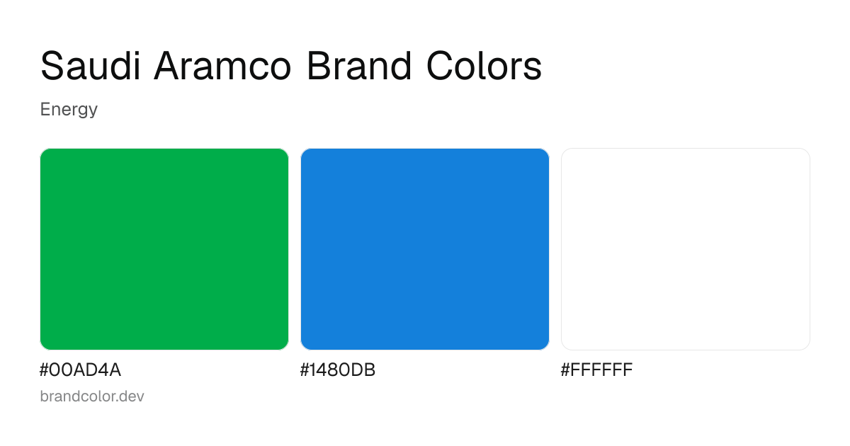 Saudi Aramco brand color palette with hex codes: #00AD4A, #1480DB, #FFFFFF