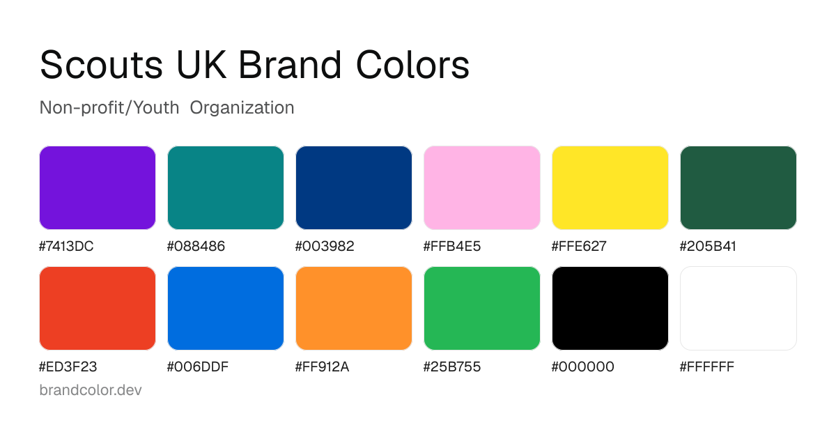 Scouts UK brand color palette with hex codes: #7413DC, #088486, #003982, #FFB4E5, #FFE627, #205B41, #ED3F23, #006DDF, #FF912A, #25B755, #000000, #FFFFFF