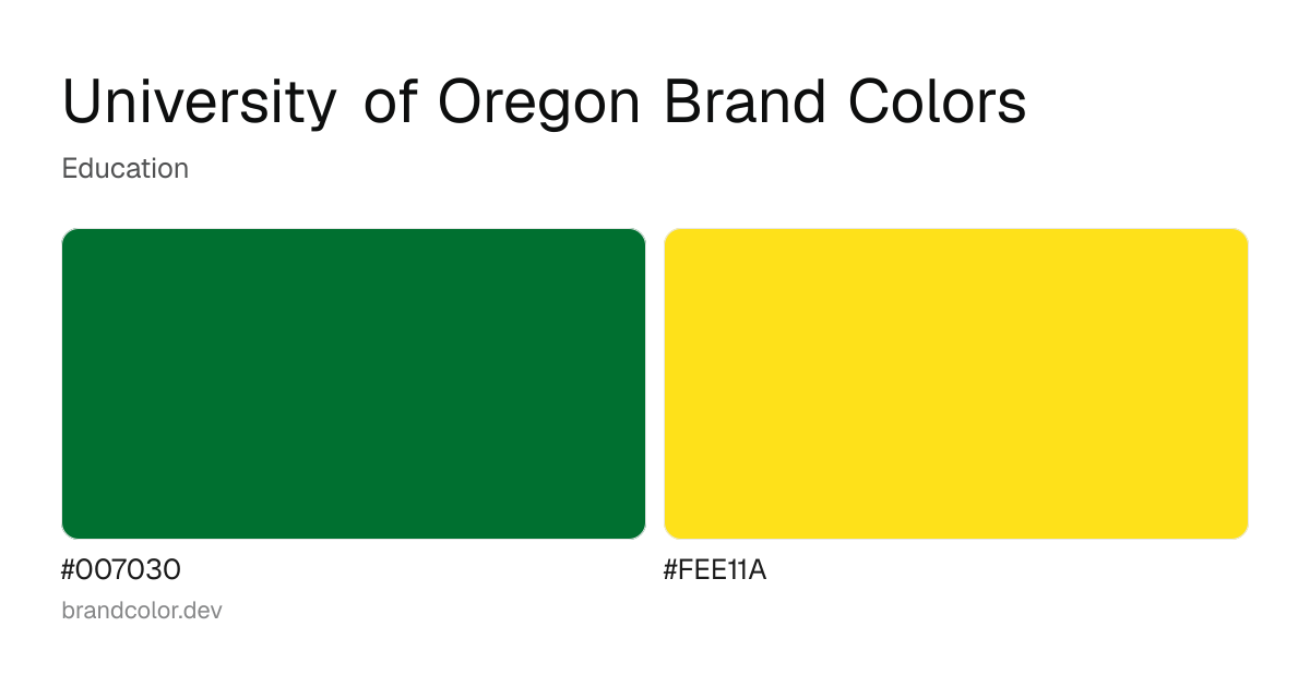 University of Oregon brand color palette with hex codes: #007030, #FEE11A