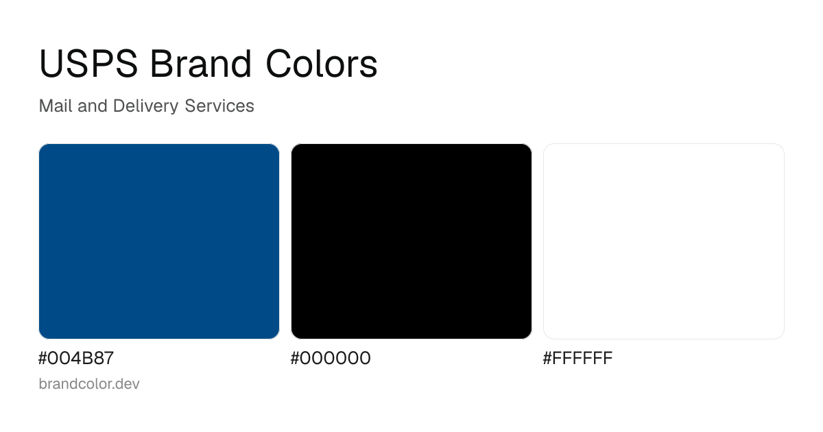 USPS brand color palette with hex codes: #004B87, #000000, #FFFFFF