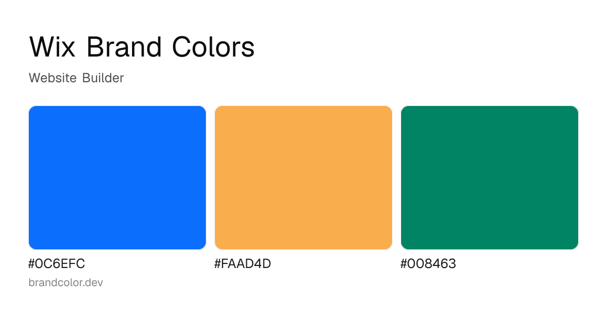 Wix brand color palette with hex codes: #0C6EFC, #FAAD4D, #008463
