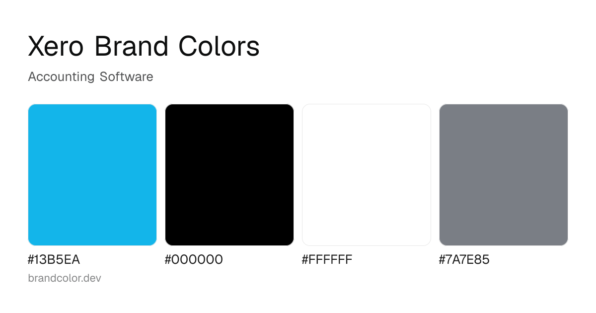 Xero brand color palette with hex codes: #13B5EA, #000000, #FFFFFF, #7A7E85