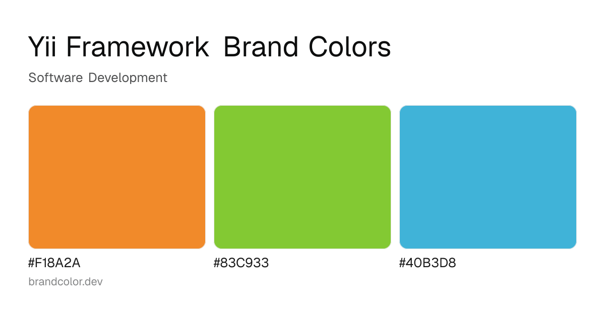 Yii Framework brand color palette with hex codes: #F18A2A, #83C933, #40B3D8